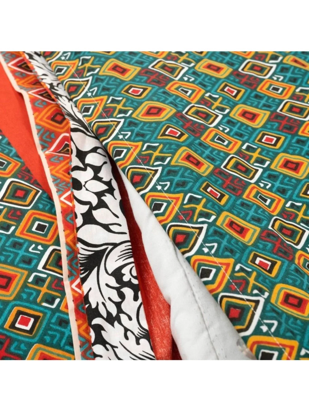 Lush King Multicolor Striped Duvet Cover  Set,Turquoise/Red/Mustard/Orange